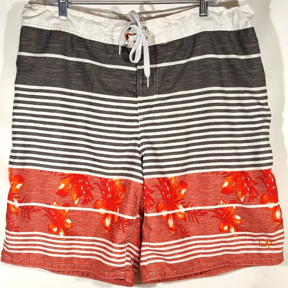 OP Men's Board Swim Trunks Sz XL White/Gray Stripe Red Floral Boarder